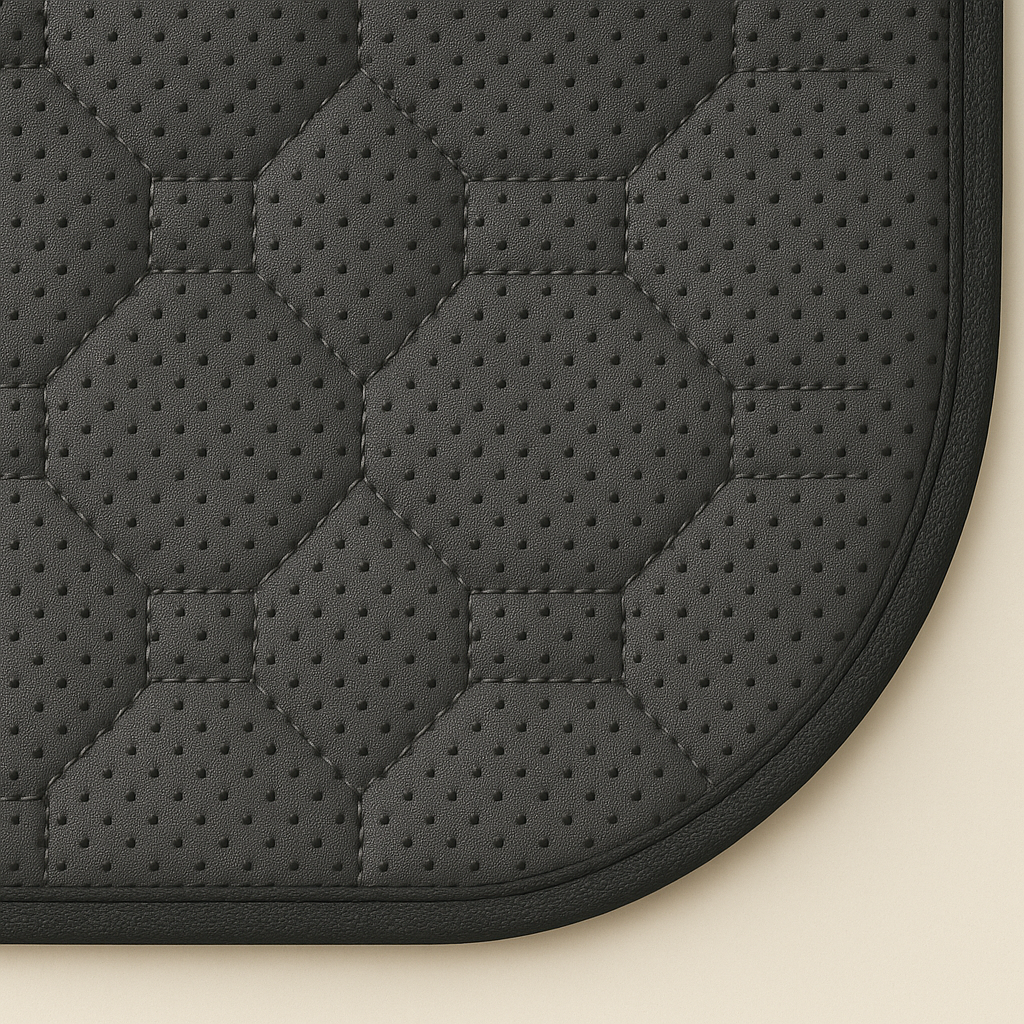 Close-up of a black quilted mat with hexagonal pattern on a beige background