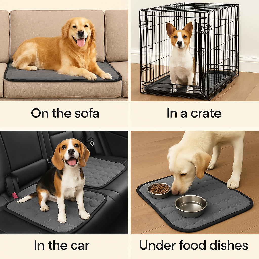 Dog using a gray pet mat in various scenarios including on a sofa, in a crate, in a car, and under food dishes.