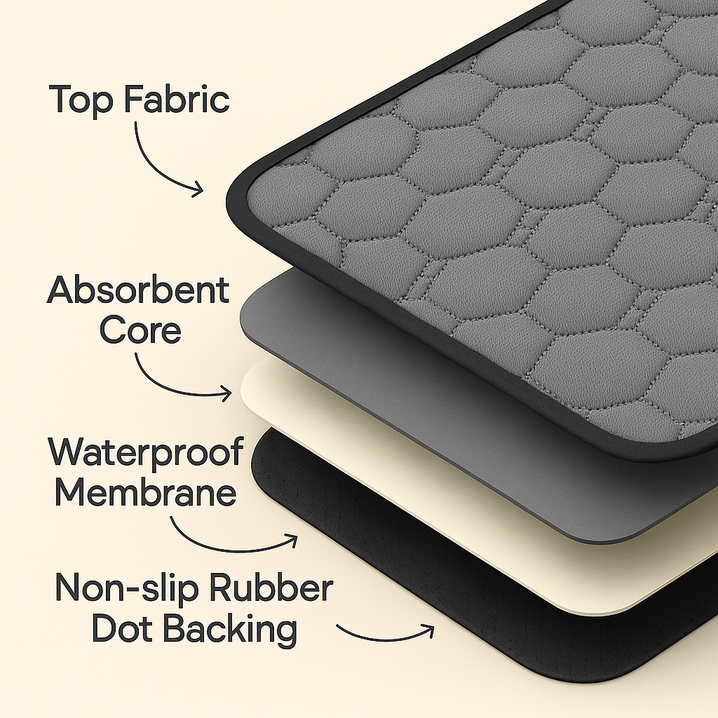 Stack of gray, black, and beige mats with labeled layers on a beige background