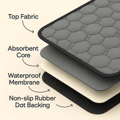 Stack of gray, black, and beige mats with labeled layers on a beige background