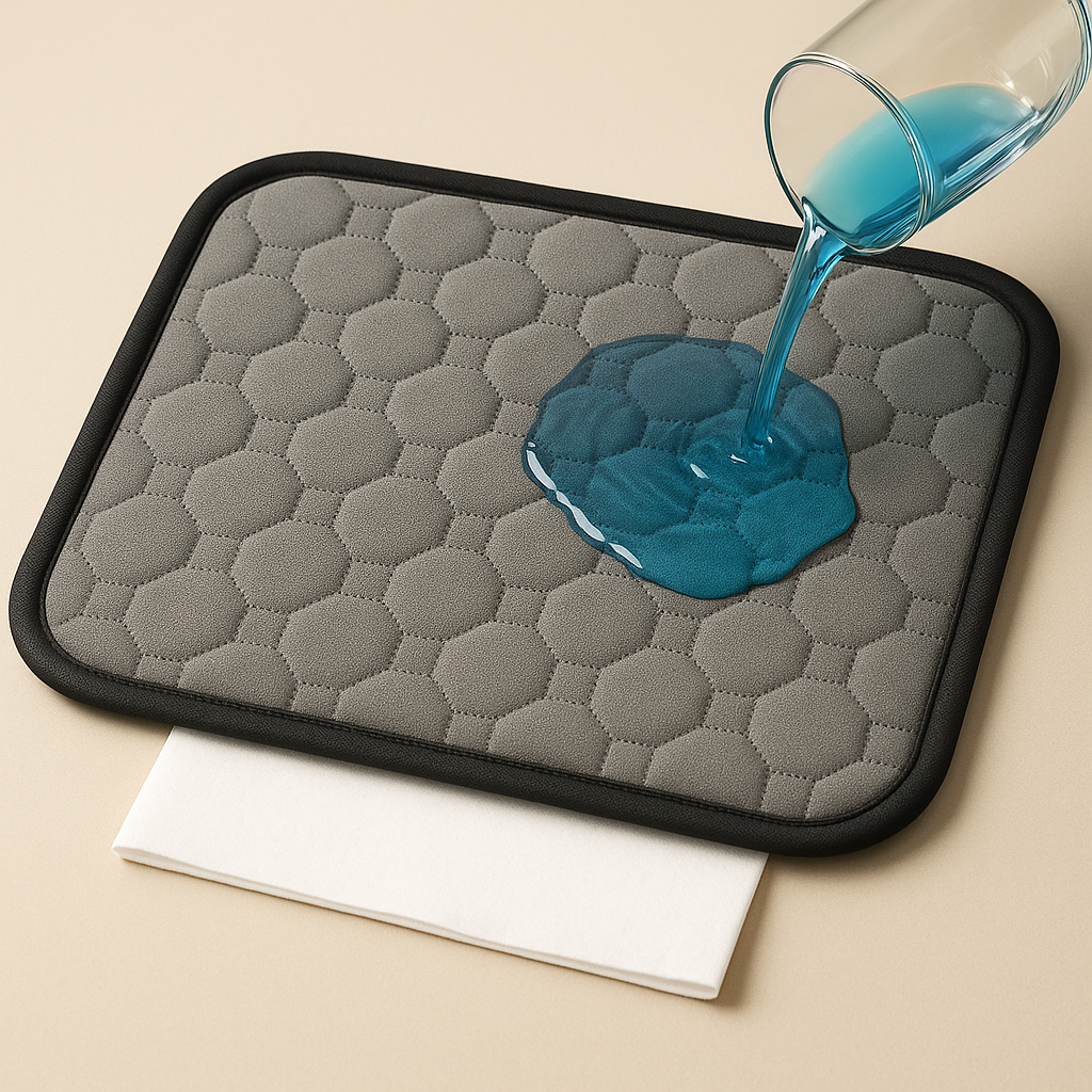 Gray trivet with honeycomb pattern on a beige background, showing blue liquid being poured onto it.