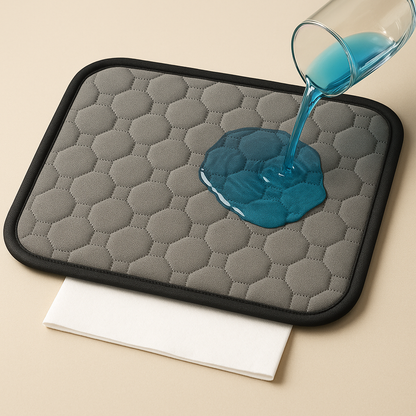 Gray trivet with honeycomb pattern on a beige background, showing blue liquid being poured onto it.