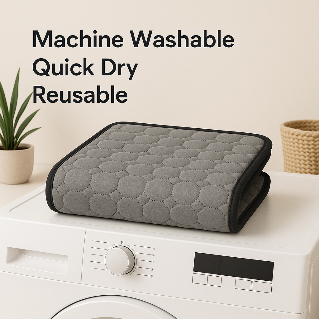 Gray quilted pad on a washing machine with text 'Machine Washable Quick Dry Reusable' on a light background.