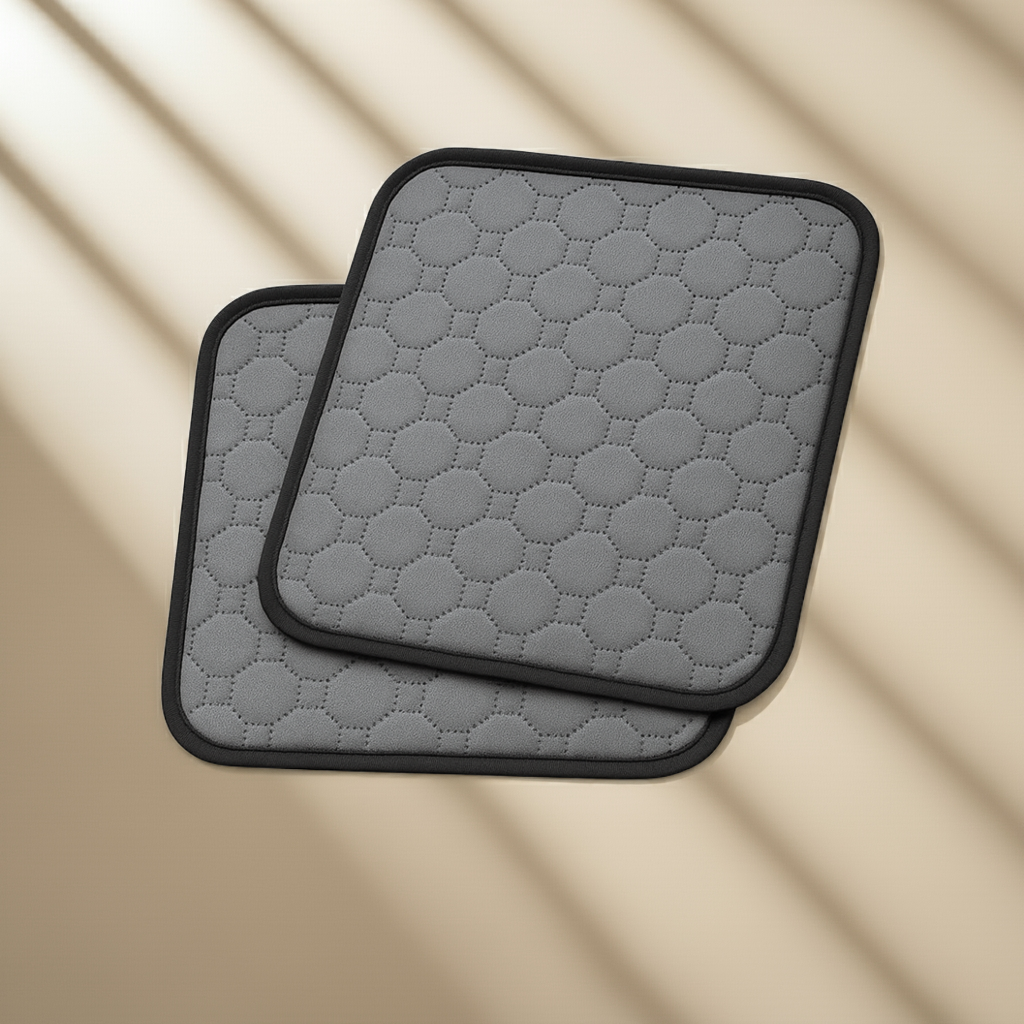 Two gray quilted car seat protectors on a beige background