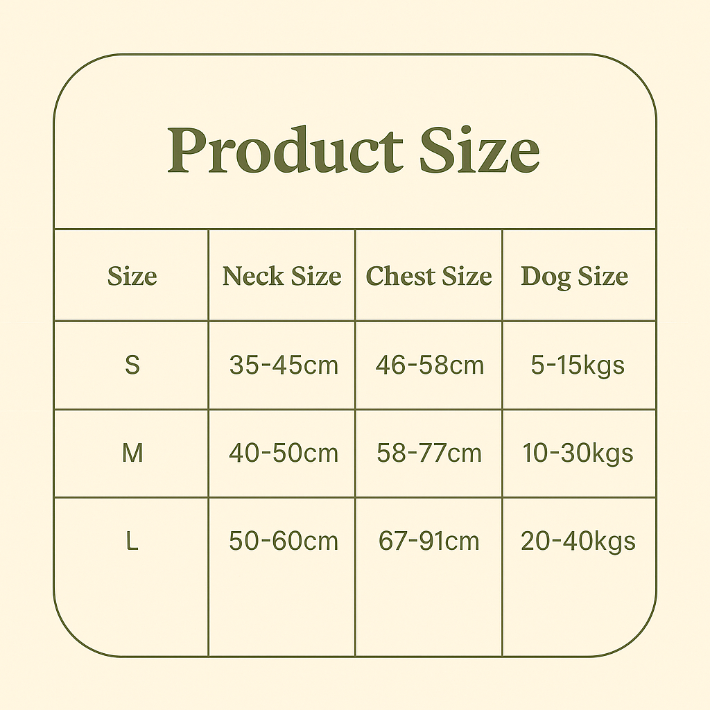 Product size chart for neck, chest, and dog weight with size S, M, and L.